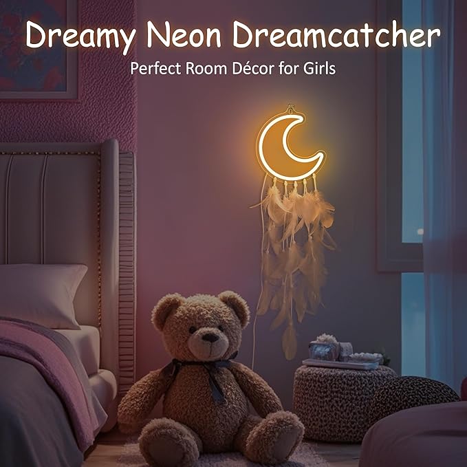 Neon Sign for Teen Girls, Moon Neon Signs, Light Up Dream Catcher for Girl Room Decor, Cozy Dreamy Lighting for Wall Decor,Birthday Christmas Gifts for Teenage Kids