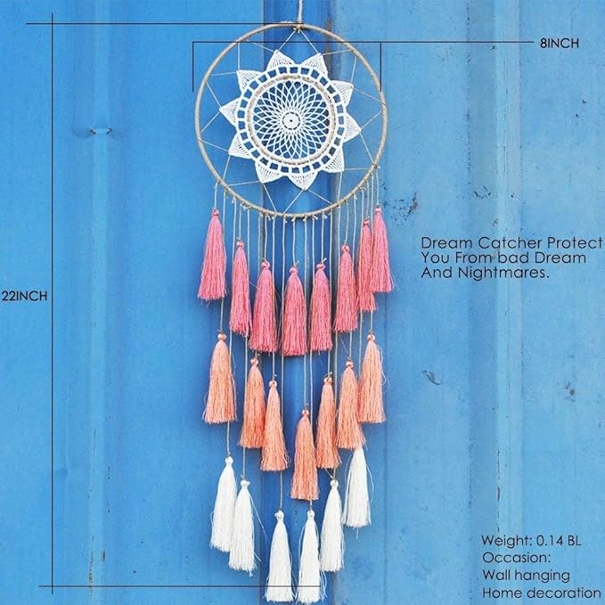 Artilady Macrame Dream Catchers for Bedroom - Tassel Wall Hanging Handmade Dreamcatchers Home Decor with Tassel Feather Ornament Craft Blessing Gift (Pink)
