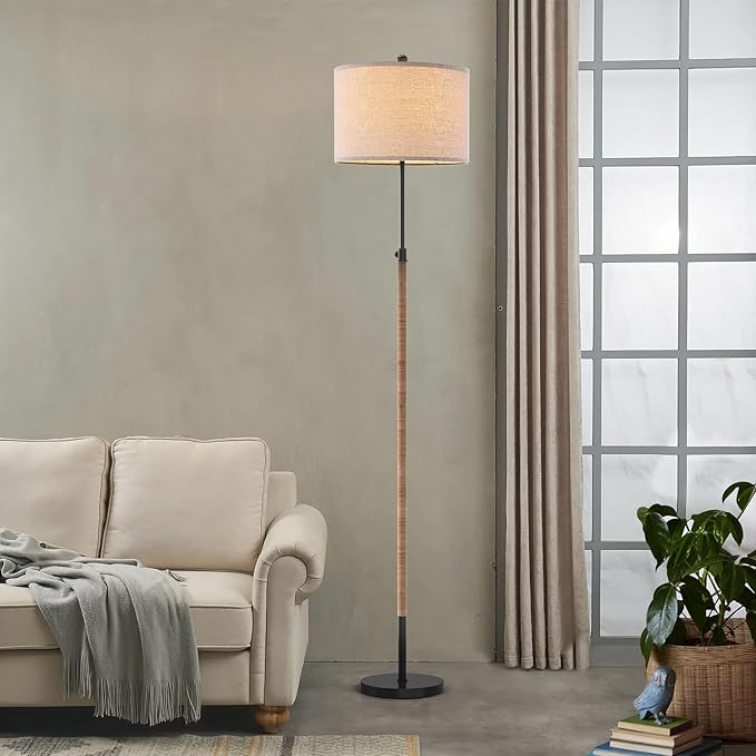 Farmhouse Rattan Floor Lamp for Living Room, Adjustable Height:65"-70" Black Standing Lamp, Boho Tall Skinny Pole Light with Oatmeal Shade for Bedroom Office