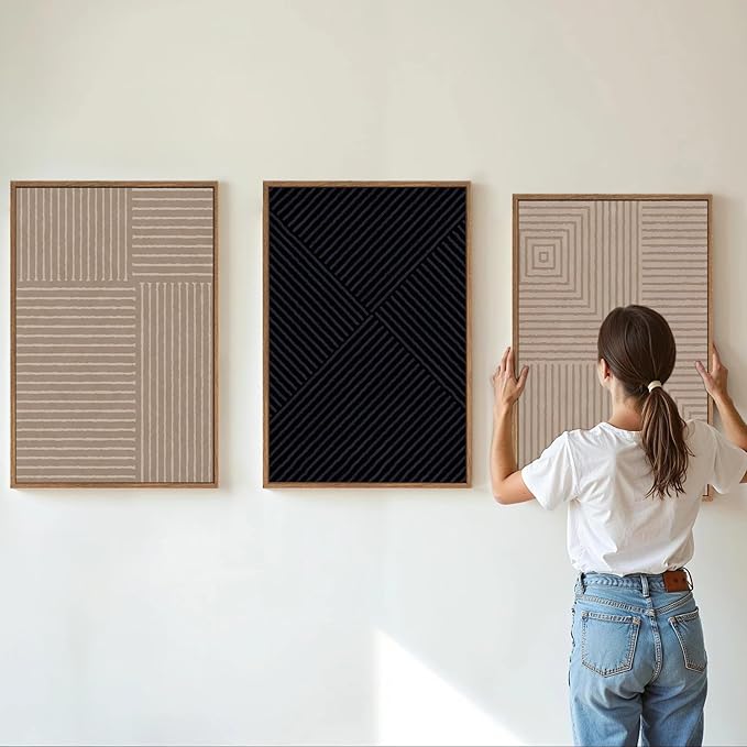 Tinonedraw Mid Century Modern Framed Canvas Wall Art Set of 3, Neutral Abstract Art Prints, Black and Brown Geometric Minimalist Wall Decor for Living Room Bedroom Office Dining Room 16"x24"x3