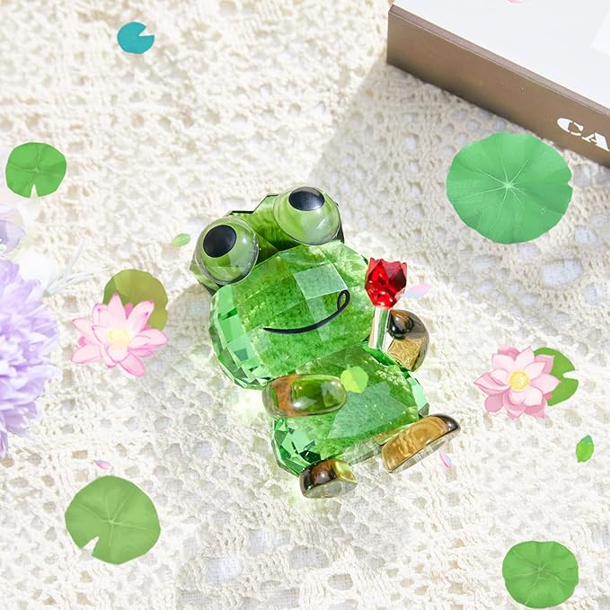 Crystal Frog Figurine with Red Rose - Art Glass Animals Desk Decor & Home Office Ornament, Handmade Glass Collectible Gifts