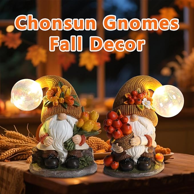 2PCS Garden Gnomes Statues Fall Gnome Decorations Outdoor Indoor Figurines Lights Fairy Garden Thanksgiving Home Decor