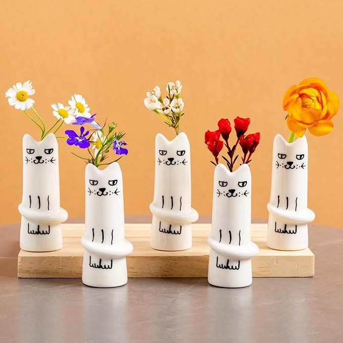 Set of 5 Cat Flower Vase Bud Ceramic Small Cute Mini Handmade Decor - Unique Modern Tiny Wedding Party Birthday Gift - Bulk Trendy Pretty Little Vases