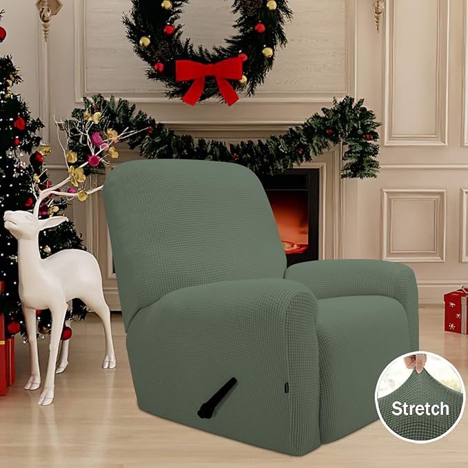 Easy-Going Recliner Stretch Sofa Slipcover 4-Piece Sofa Cover Furniture Protector Sofa Shield Couch Soft with Elastic Bottom Spandex Jacquard Fabric Small Checks(Recliner,Greyish Green,Large)