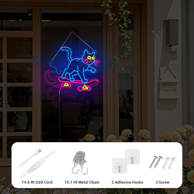 Cute Cat Neon Sign, Skateboard Neon Signs for Wall Decor Dimmable USB Room Decor for Teen Girl, Party, Bedroom, Pub, Furniture, Gifts for Birthday, Christmas (Cool Cat-Blue)