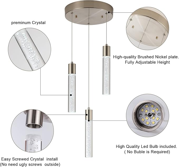 Pendant Light fixtures, Integrated 3-Light Pendant Lighting Silver Finish, Dimmable Pendant Lights Kitchen Restaurant, Dining Room