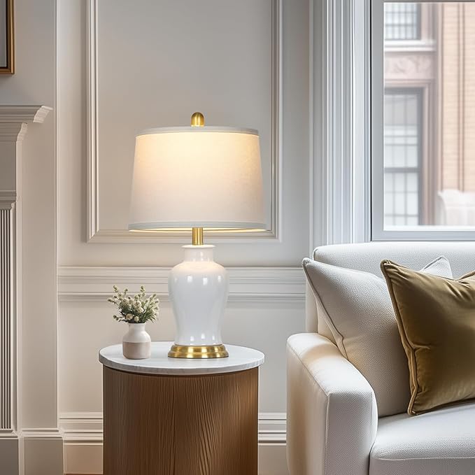 Modern Ceramic Table Lamps Set of 2, 23" White Ceramic Lamps for Living Room, Rustic Farmhouse Bedside Lamp with Ginger Jar Design, Elegant Bedroom Lamp for Nightstand Desk Side End Table Home Decor