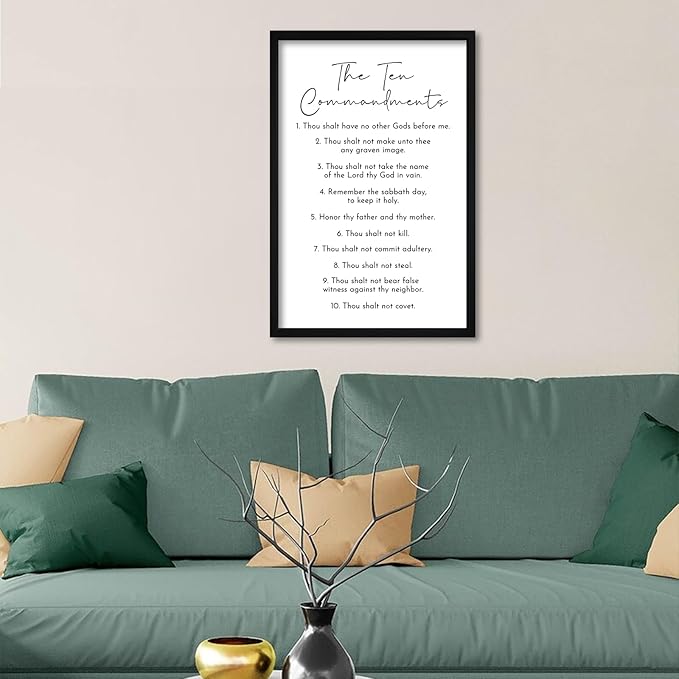 flowtorely The Ten Commandments Sign Bible Verse Wall Decor 24"X16" Christian Catholic Scripture Large Wooden Framed Wall Hanging Art (Black)