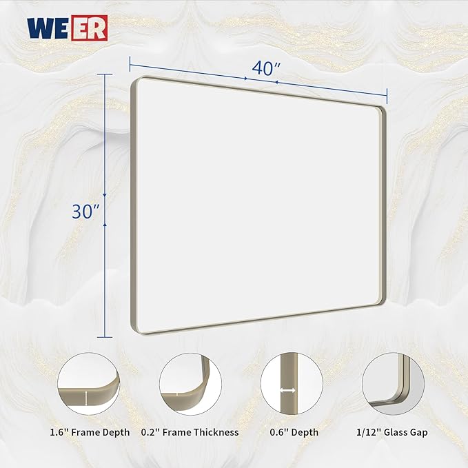 WEER 40X30 Inch Brushed Nickel Bathroom Mirror, Brushed Silver Metal Frame Mirror, Rounded Rectangle Silver Bathroom Vanity Mirror, Tempered Glass, Anti-Rust, Hangs Horizontally or Vertically