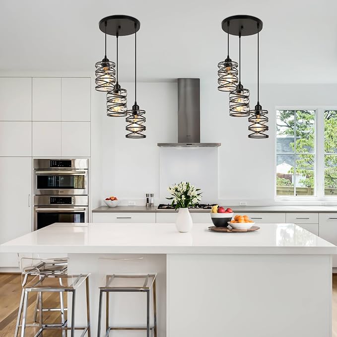 Pendant Lights Kitchen Island Black Pendant Light Fixtures 3-Light Spiral Iron Kitchen Island Lighting Adjustable Hanging Cluster Pendant Lighting for Dining Room with Clear Glass Shade