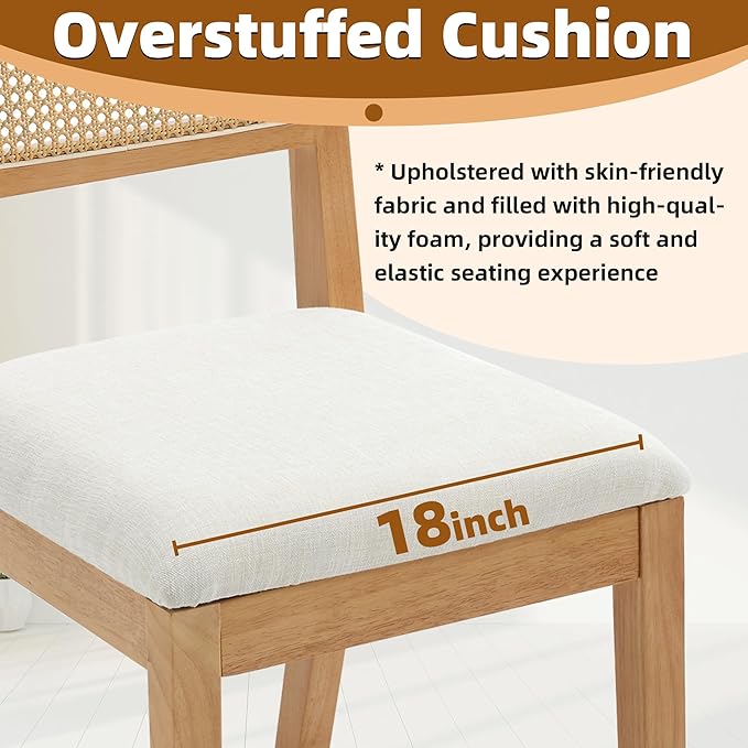 Westice Rattan Dining Chairs Set of 4, Farmhouse Natural Dining Room Chairs with Upholstered Cushion, Wood Armless Chairs for Kitchen/Restaurant