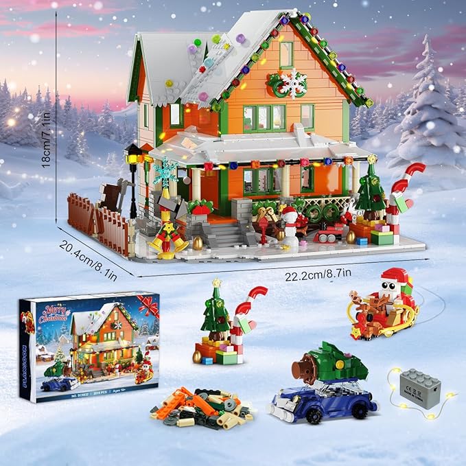 Christmas House Mini Building Set with Light, PLAXSOON 1961 PCS Holiday Snow Village Architecture Model Building Block with Santa Claus Sleigh, Xmas Display Toy Set for Adults Kids Boys Girls Ages 14+