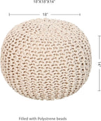 REDEARTH Round Pouf Ottoman - Cable Knitted Boho Poof - Home Décor Cord Pouffe Handmade Circular Footrest for Living Room - Bedroom - Kids Bedroom - 100% Cotton Pouf (18" x 18" x 14") - Ivory