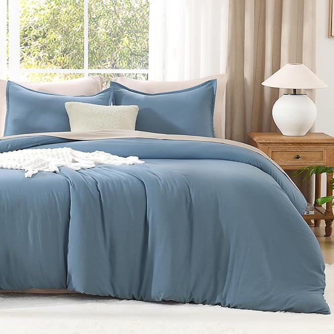 Litanika Comforters Grayish Blue Oversized Queen Size, 3 Pieces Lightweight Solid Bedding Comforter Set, All Season Fluffy Bed Set (98x98In Comforter & 2 Pillowcases)