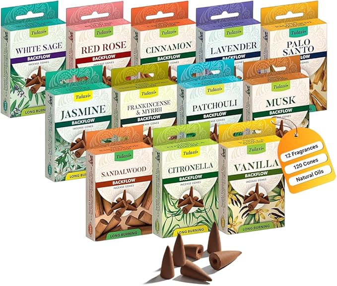 Tulasi Backflow Incense Cones with Natural Oils, Scents Set of 12 Fragrances (120 Cones) Calming Home Aromatherapy, Yoga, Meditation, Relaxing, Mixed Scents with Natural Oils