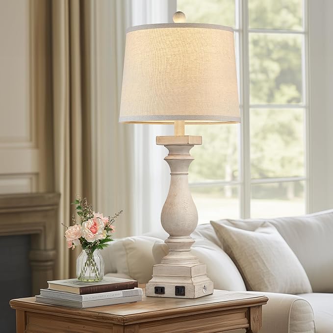 28" Tall Farmhouse Table Lamps with USB C+A Ports and AC Outlet, 3 Way Touch Control Rustic Bedside Lamps for Bedroom, Beige Vintage Nightstand Lamps for Living Room Office