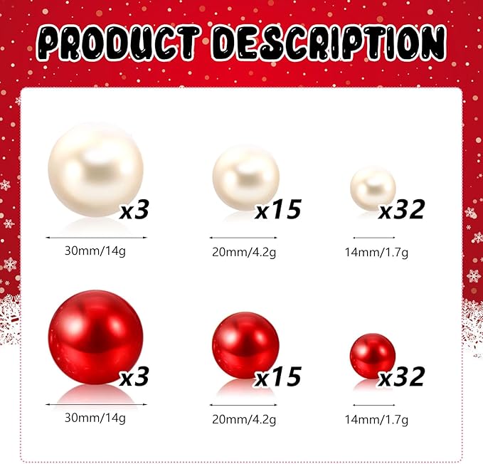 100PCS Red White Faux Pearls Beads for Centerpiece Vases, Vase Filler Faux Pearls, No Holes Filler Beads for Party Anniversary Birthday Wedding Table Decor, 14/20/30mm
