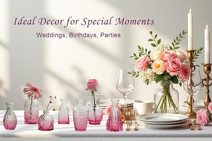 Bud Vases Set of 12,Glass Bud Vases in Bulk,Small Flower Vases for Centerpieces,Mini Vintage Vase for Wedding, Home Table Decor,Christmas,Party Decoration,Pink