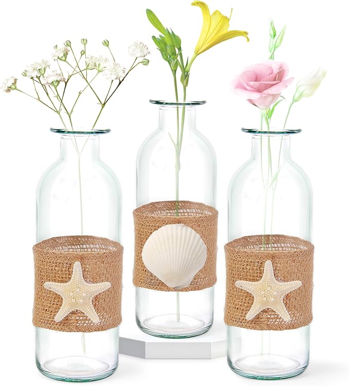 Shell Vase Set of 3 Coastal Vase,Small Starfish Seashell Flower Glass Vases Handcrafted for Beachy Decor,Beach Wedding/Party Beach Home Decor (Clear)