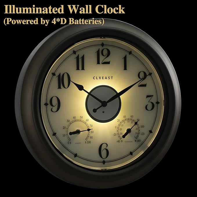 CLXEAST Illuminated Outdoor Clocks Waterproof 18 Inch with Smart Sensor,Large Outdoor Pool Clock with Temperature & Hygrometer,Grey Oak/Faux Barnwood,House Warming Gifts New Home