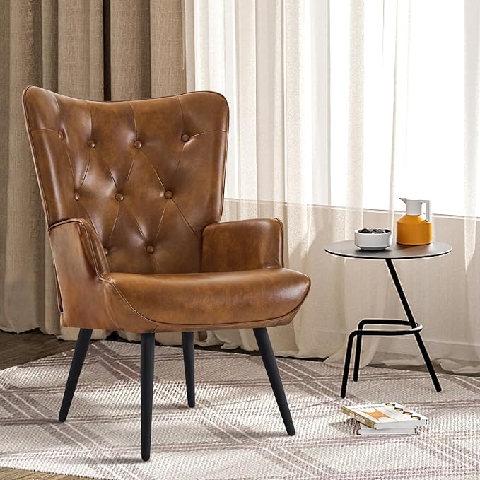 Furnimart Faux Leather Accent Chair Mid Century Modern Living Room Chairs; Comfy Armchair Leisure Vanity Guest Wingback Chair for Office Study Vanity Bedroom Waiting Room PU Yellow Brown