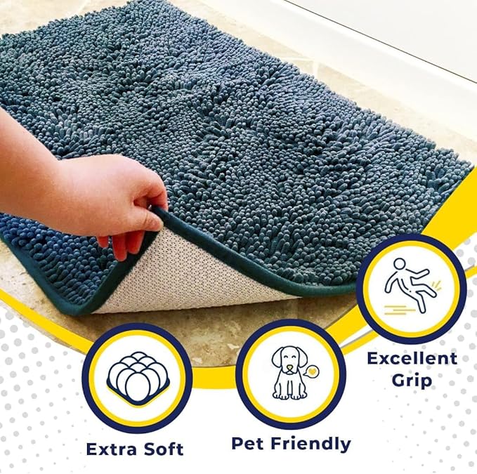 Muddy Mat® 4-Piece Atlantic Blue Medium 30"X19" AS-SEEN-ON-TV Highly Absorbent Microfiber Door Mat, Bath Mat and Pet Rug, Non Slip Thick Washable, Soft Chenille for Kitchen Bedroom Indoor and Outdoor