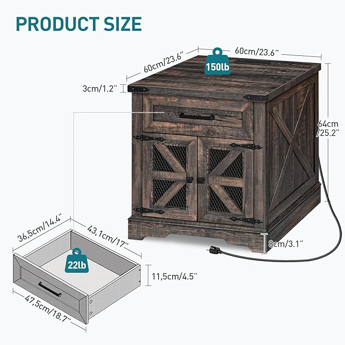 Farmhouse End Table with Charging Station, 24" Large Sofa Side Table with Drawer, Large End Table for Living Room, Wooden Nightstand with Outlet, Square, Dark Rustic Oak