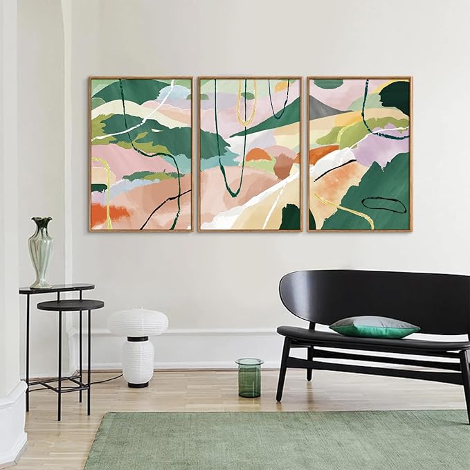 Tinonedraw Colorful Abstract Framed Canvas Wall Art Set of 3, Green and Pink Oils Inks Artwork, Neutral Modern Minimalist Wall Decor for Living Room, Bedroom, Office 16"x24"