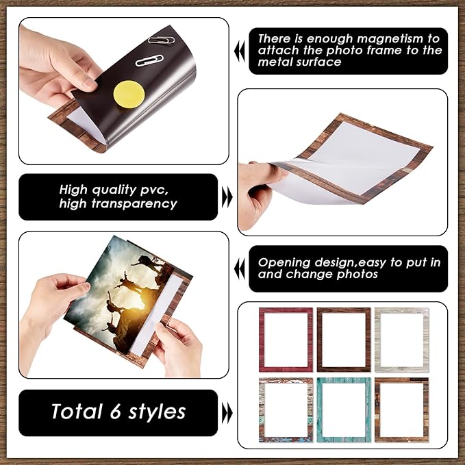 Tatuo 6 Pack 5x7 Magnetic Picture Frames Rustic Distressed Farmhouse Wood Pattern Fridge Picture Frame Magnets for Christmas Refrigerator Locker Home Classroom Office