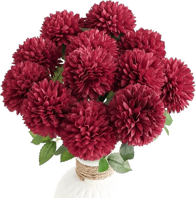 Floroom 12pcs Burgundy Faux Silk Mums Artificial Flowers Bulk Fake Chrysanthemums with Stems for DIY Wedding Table Centerpieces Floral Arrangements Vase Fillers Home Decorations