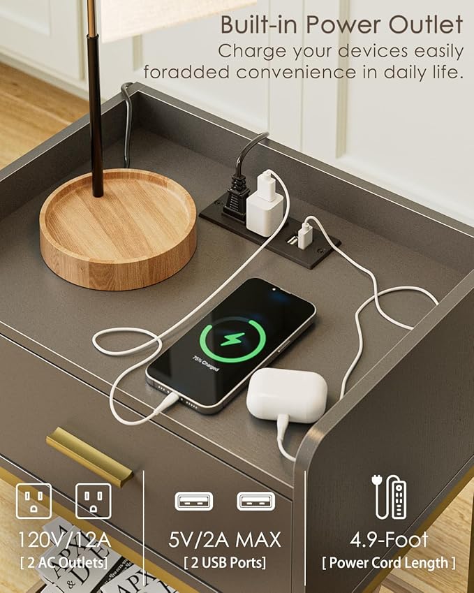 Masupu Nightstand with Charging Station,3-Tier Modern Bedside Night Stand with Storage Drawer and Shelf,Small End Side Table for Bedroom,Living Room,Grey