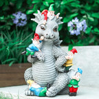 Dragon Gnome Statues Outdoor Decor, 13” Dinosaur Play with Gnomes Garden Statue, Outdoor Statue for All Season Lawn Decor, Garden Decoration, Gardening Gift