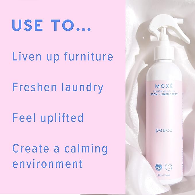 MOXĒ Peace Linen & Room Spray, Zen-Ful Essential Oils, Natural Aromatherapy Mist, Home & Bedroom, Office, Furniture, Bedding, Pillows, Sheets, Bergamot, Lime, Mandarin, Geranium, 8 Ounces (1 Pack)