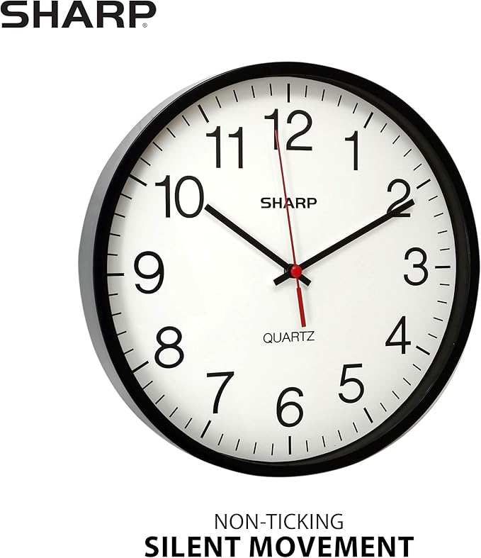 Sharp Wall Clock – Black, Silent Non Ticking 12 Inch Quality Quartz Battery Operated Round Easy to Read Home/Kitchen/Office/Classroom/School Clocks, Sweep Movement