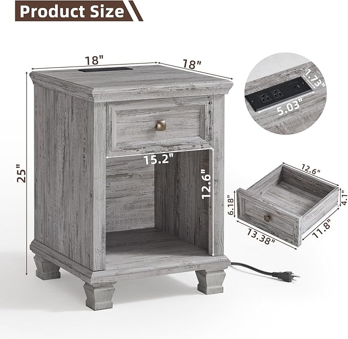 Farmhouse Side Table Set of 2 with Charging Station, Rustic Wood End Table with Drawer, Small Nightstands with Open Shelf for Bedroom, End Tables for Living Room, Grey
