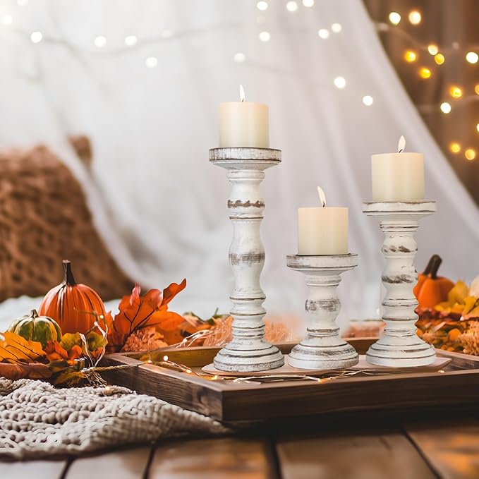 Candle Holder for Pillar Candle Set of 3, Farmhouse Wood Candle Holder, Rustic Wooden Candle Stand, Vintage Tall Candle Stand Decorative for Living Room, Table Centerpiece (Antique White)