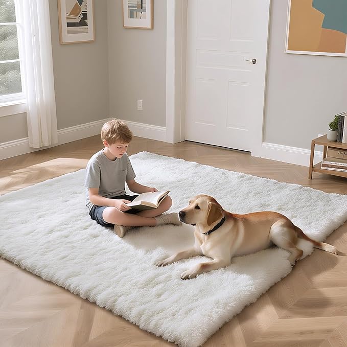 Fluffy Rug Shaggy Area Rug, White 9x12 Area Rugs for Living Room, Large Shag Area Rugs for Bedroom Kids Room Home Decor, Upgrade Anti-Skid Rectangular Fuzzy Rugs