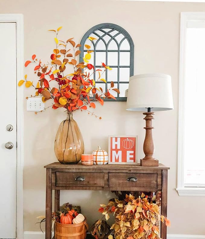 Beferr Fall Eucalyptus Stems Christmas Decor - 5Pcs 32" Tall Faux Eucalyptus Leaves Pumpkins Branches Autumn Thanksgiving Farmhouse Harvest Fireplace Table Centerpiece Home Decorations