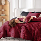MUXHOMO 7 Pieces Queen Comforter Set, Seersucker Bed in a Bag Queen Size, All Season Luxury Bedding Set with Comforter, Flat Sheet, Fitted Sheet, Pillowcases & Shams, Red & Black