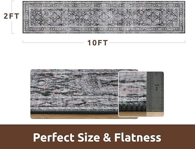 AMOAMI-2X10 Runner Rug-Washable Runners for Hallways-Soft Non Slip Bedside Rugs for Bedroom-Vintage Long Rug for Hallways Entryway Laundry Room Stair Kitchen Bathroom Dark Grey & Black