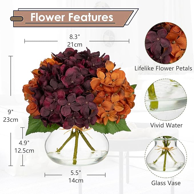 Hollyone Fall Hydrangea Artificial Flowers for Decoration with Glass Vase Dark Red Orange Autumn Silk Faux Flower Arrangements with Faux Water Fake Bouquet Table Centerpiece Fall Decorations for Home