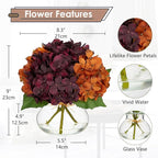 Hollyone Fall Hydrangea Artificial Flowers for Decoration with Glass Vase Dark Red Orange Autumn Silk Faux Flower Arrangements with Faux Water Fake Bouquet Table Centerpiece Fall Decorations for Home
