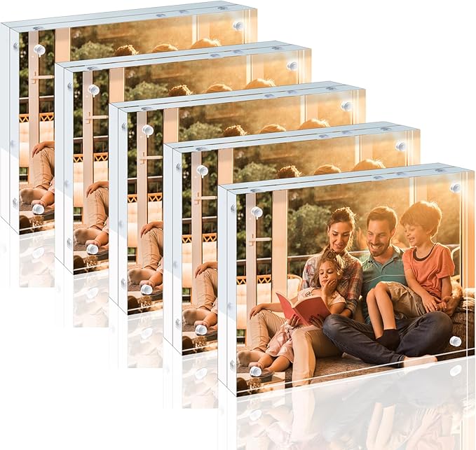 Egofine 5x7 Acrylic Frames 5 Pack, 20mm Thicker Frameless Clear Picture Frames, Double Sided Magnetic Picture Frames, Free Standing Desktop Display