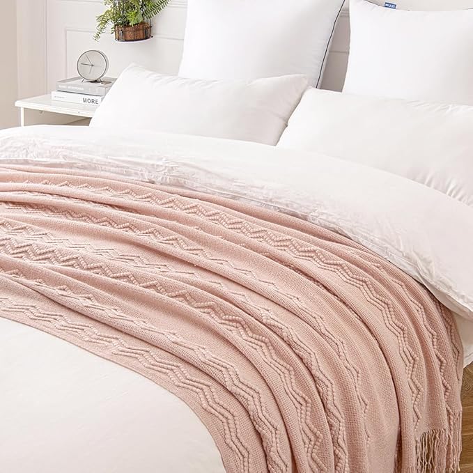 MIULEE Light Pink Knitted Throw Blanket for Couch Bed, Boho Textured Cozy Woven Decorative Farmhouse Blanket with Tassels for Sofa Chair Living Room 50"x60"