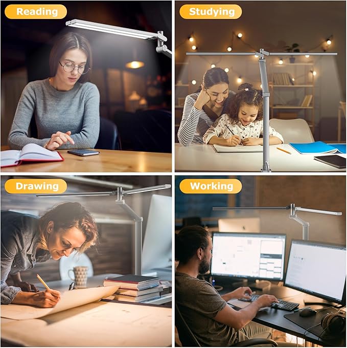 LED Desk Lamp for Home Office, Eye Caring Architect Desk Light with Remote, Dual Screen Computer Monitor Light with Stepless Dimming, Stepless Color Temp, Memory Function for Study, Workbench Grey