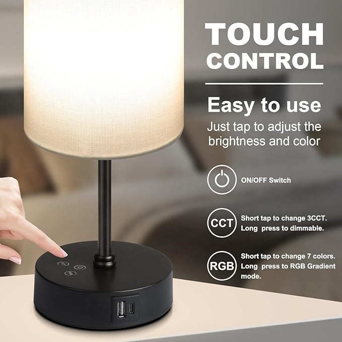 Unicozin Table Lamp,3 CCT 3000K/4500K/6500K & RGB Color Changing,Stepless Dimmable Touch Control Bedside Lamp for Reading,Ambience Nightstand Light for Home Decor Party,White Shade