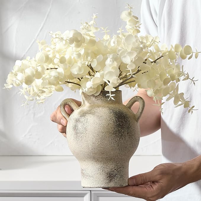 LUKA Antique Ceramic Vase with 2 Handle,7.28 inches Rustic Vase Minimalist Decor, Decorative Vases for Home Decor, Table, Living Room, Shelf, Christmas Decoration(Medium,Gray)