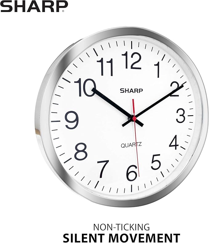Sharp Wall Clock – Silver/Chrome, Silent Non Ticking 12 Inch Quality Quartz Battery Operated Round Easy to Read Home/Kitchen/Office/Classroom/School Clocks, Sweep Movement