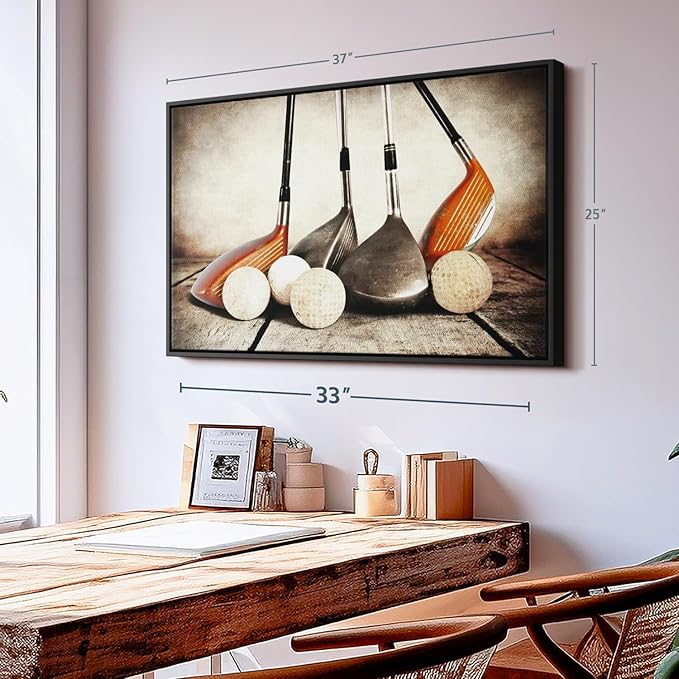 Elephant Stock Golf Sets Wall Art - Horizontal Framed Canvas - 1-Piece Mancave Wall Decor - Photography Sports Canvas Print - Yellow and Brown Decor for Wall - 37" X 25"