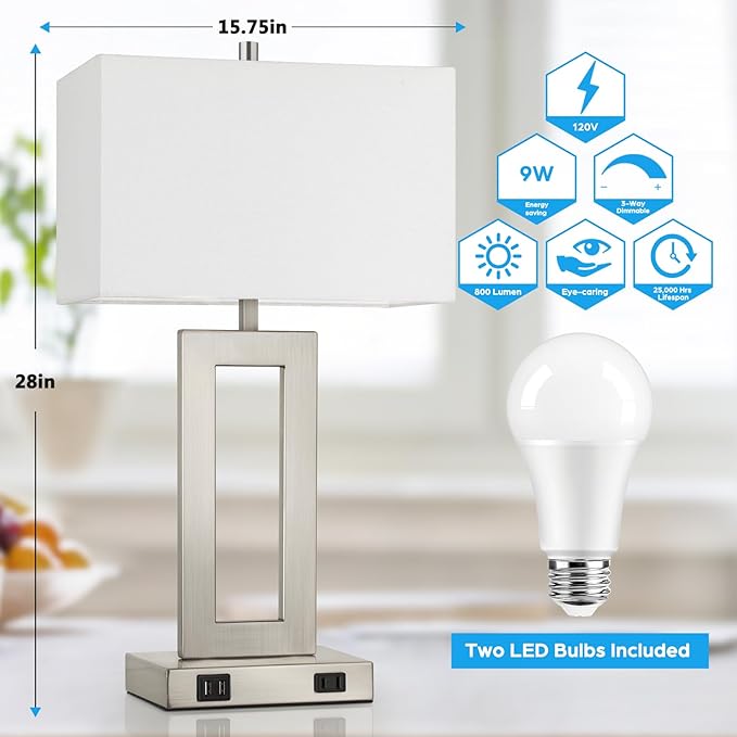Modern Silver Table Lamps Set of 2, 28inch Tall Lamps for Living Room Bedroom with 2 USB Ports&AC Outlet, 3 Way Dimmable Touch Control Desk Lamps for Reading Home Office, 2 Bulbs Included